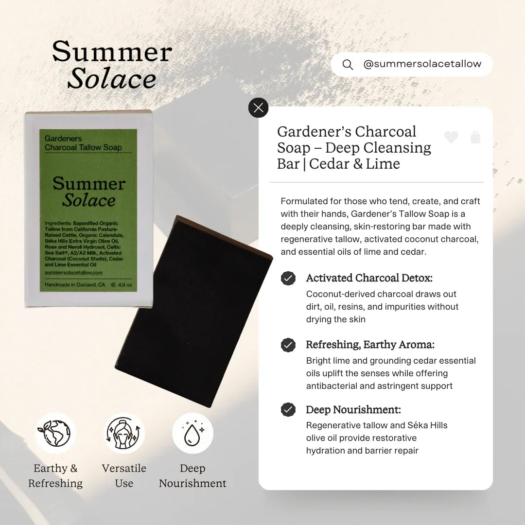 Summer Solace Tallow Gardener’s Charcoal Soap – Deep Cleansing Bar | Cedar & Lime