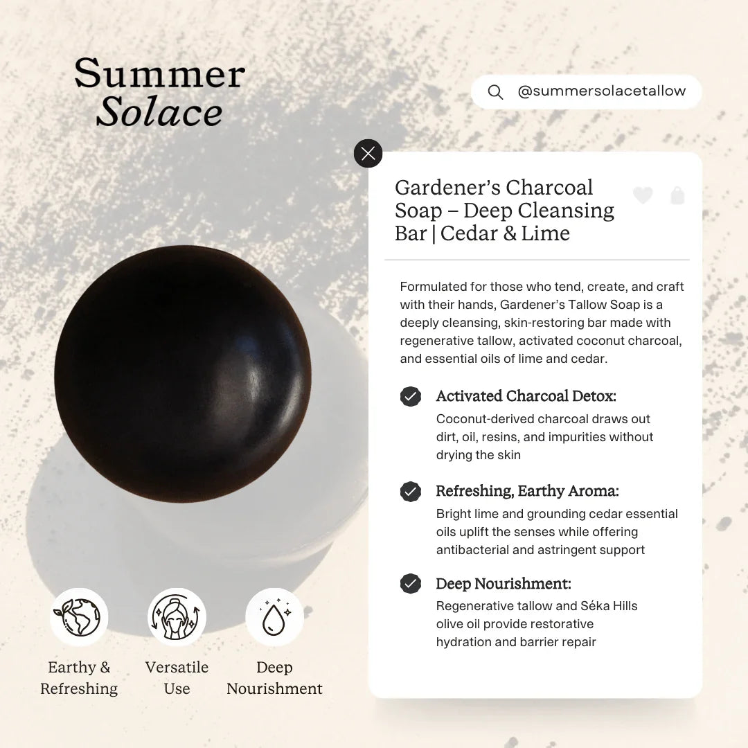 Summer Solace Tallow Gardener’s Sphere Soap – Activated Charcoal with Cedar & Lime
