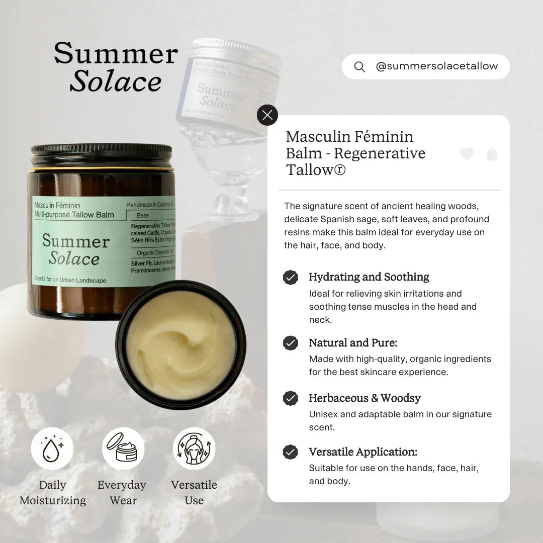 Summer Solace Tallow Masculin Féminin Tallow Balm – Frankincense, Patchouli & Hinoki Wood
