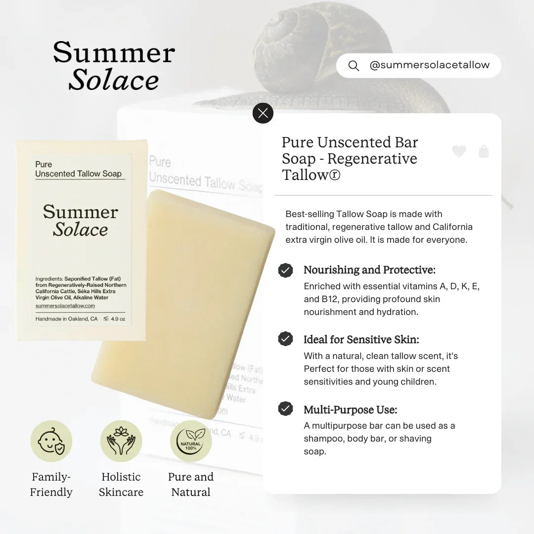 Summer Solace Tallow Pure Unscented – Tallow Bar Soap for Sensitive Skin