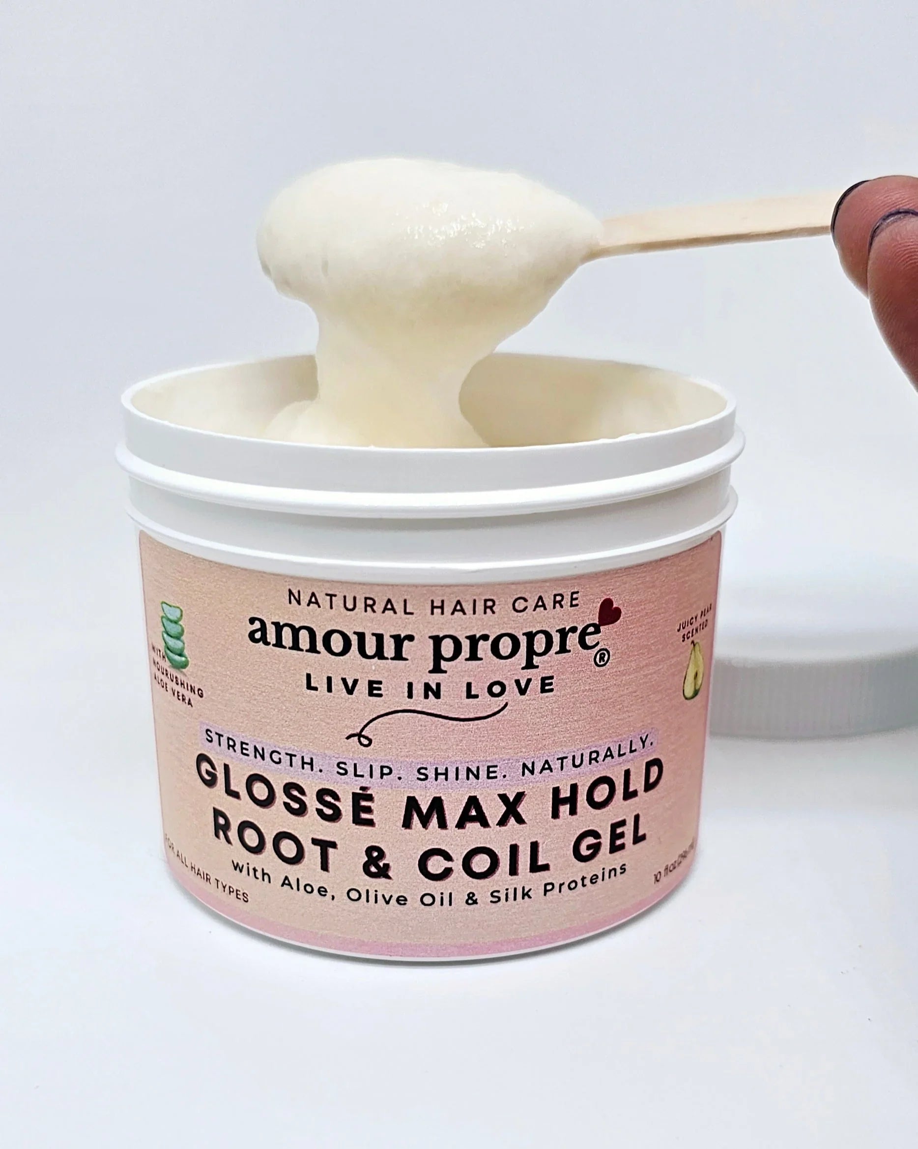 Amour Propre® Glossé Max Hold Root & Coil Gel
with Aloe, Olive Oil & Silk Proteins