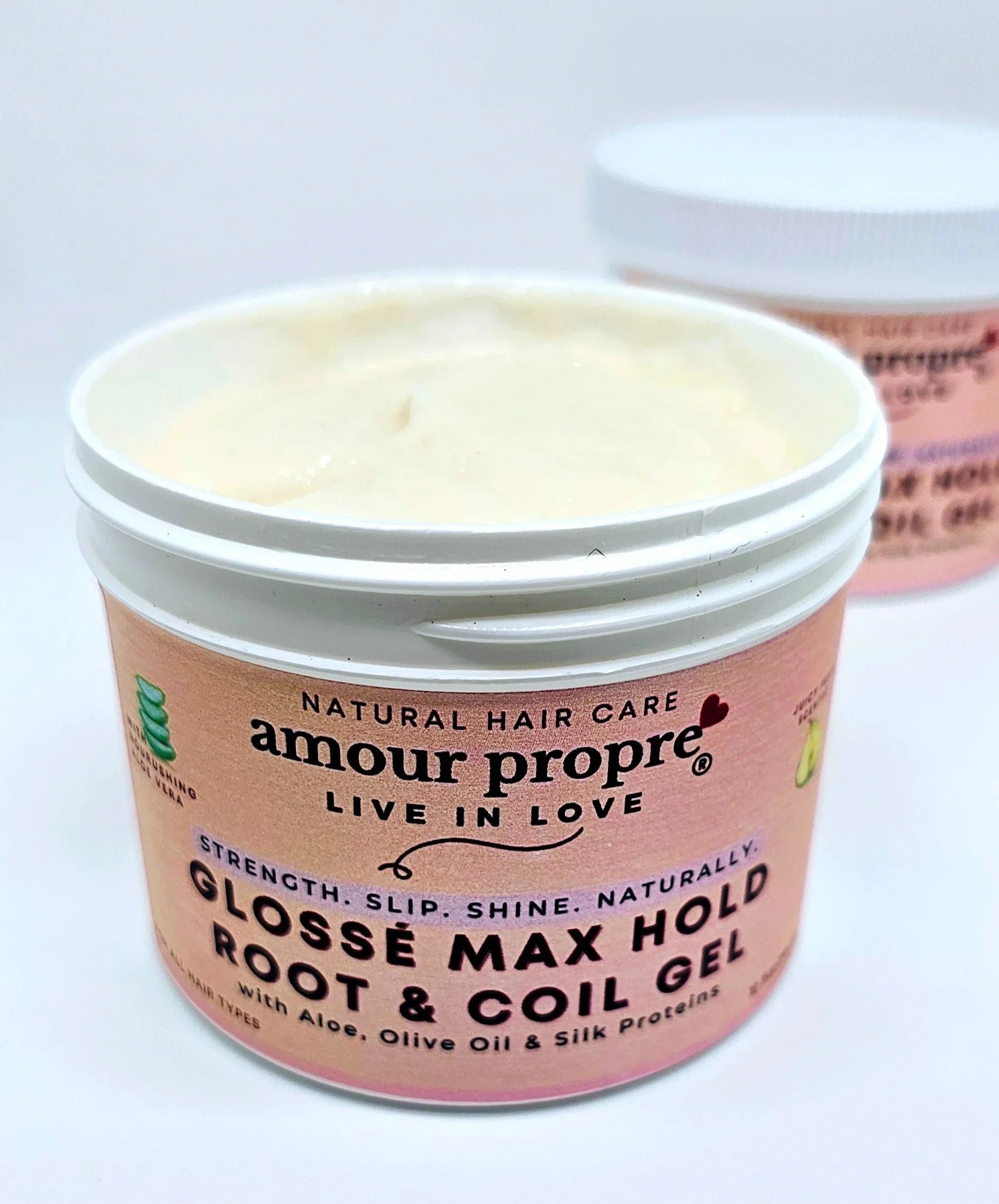 Amour Propre® Glossé Max Hold Root & Coil Gel
with Aloe, Olive Oil & Silk Proteins