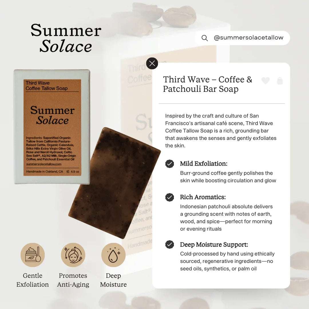 Summer Solace Tallow Third Wave – Coffee & Patchouli Bar Soap