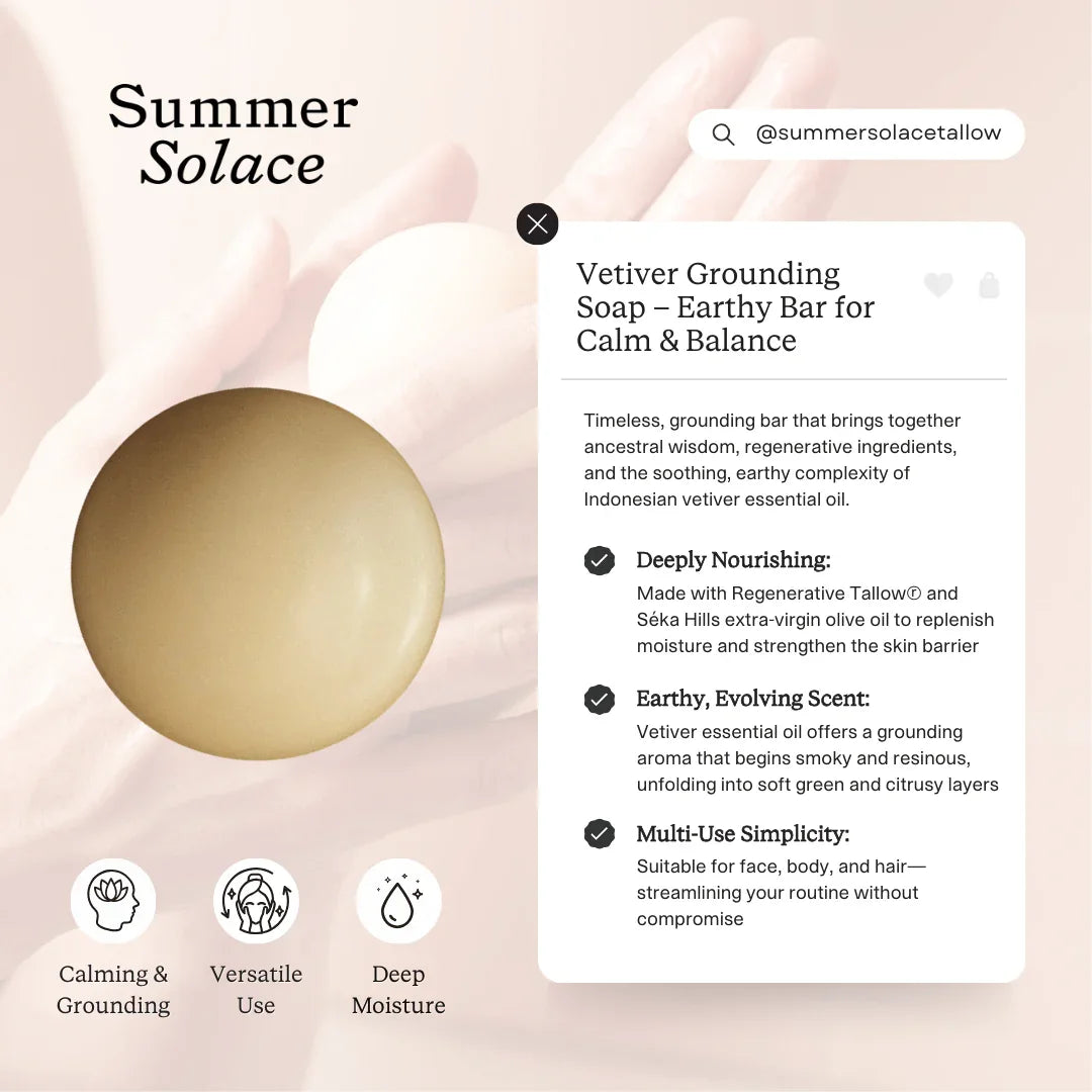 Summer Solace Tallow Vetiver Sphere Soap – Grounding & Earthy Aromatic Cleanser