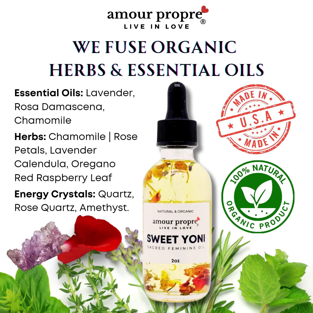 Amour Propre® Sweet Yoni: Sacred Feminine Oil | 1oz, 2 oz | Natural Vaginal Lubricant | Amethyst and Quartz Crystal Infused