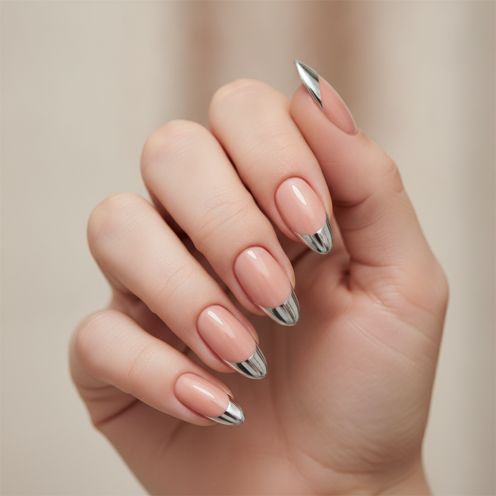 Nude almond with silver chrome French tips