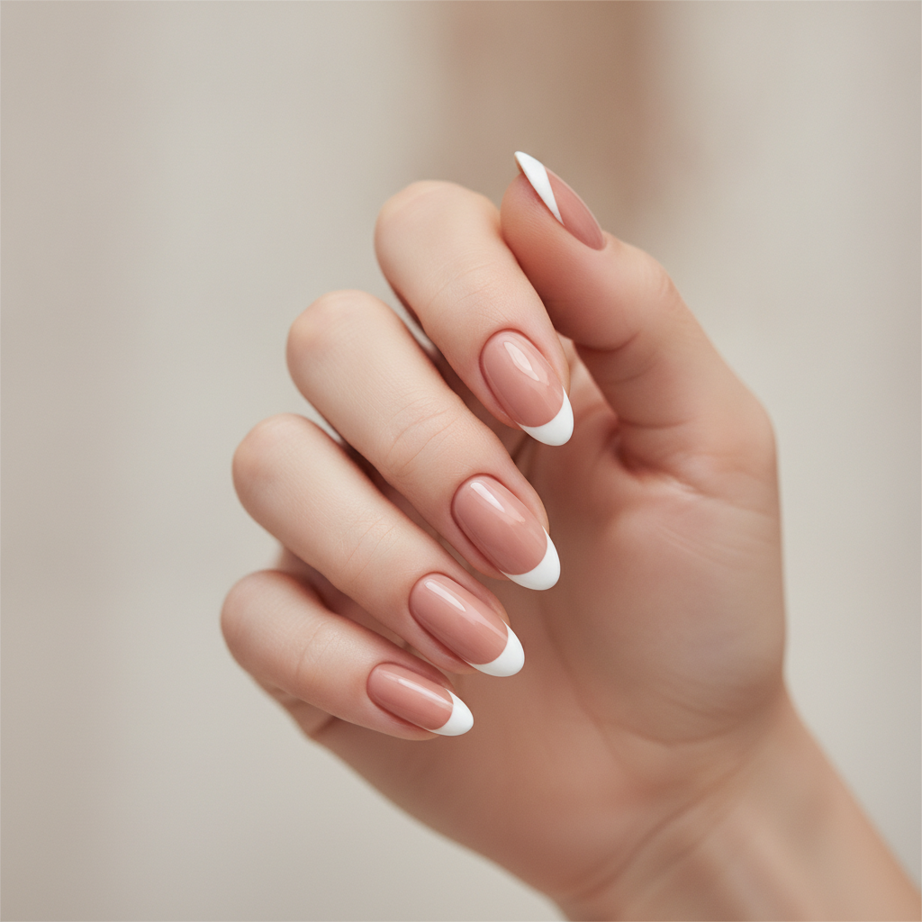 Nude almond with classic white French tips