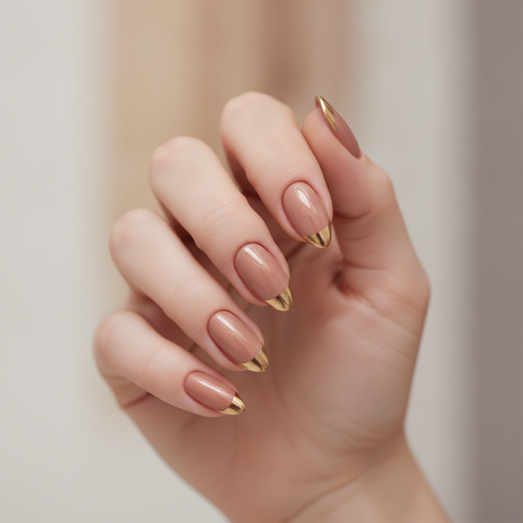 Nude almond with gold French tips