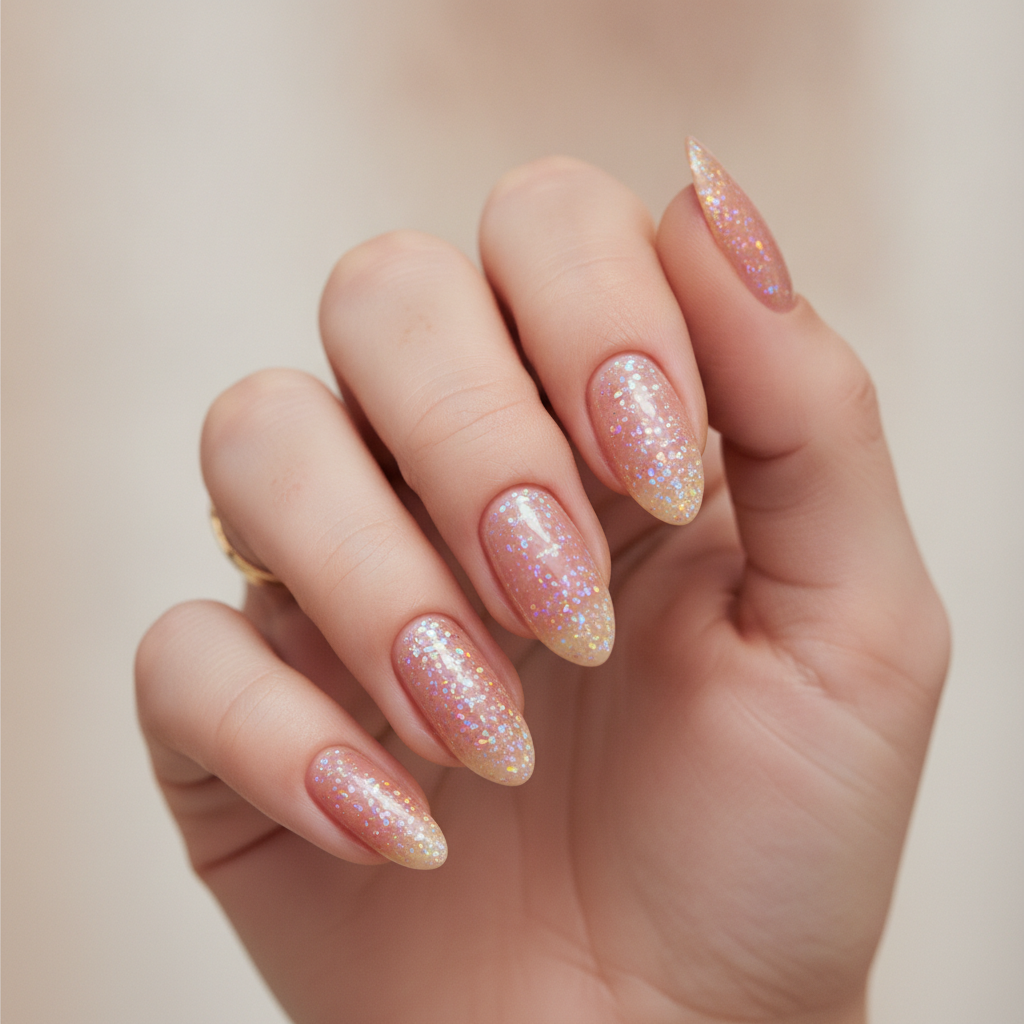 Nude almond with holographic flash
