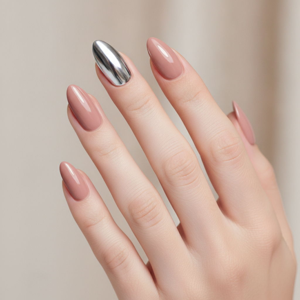 Nude almond with one chrome accent