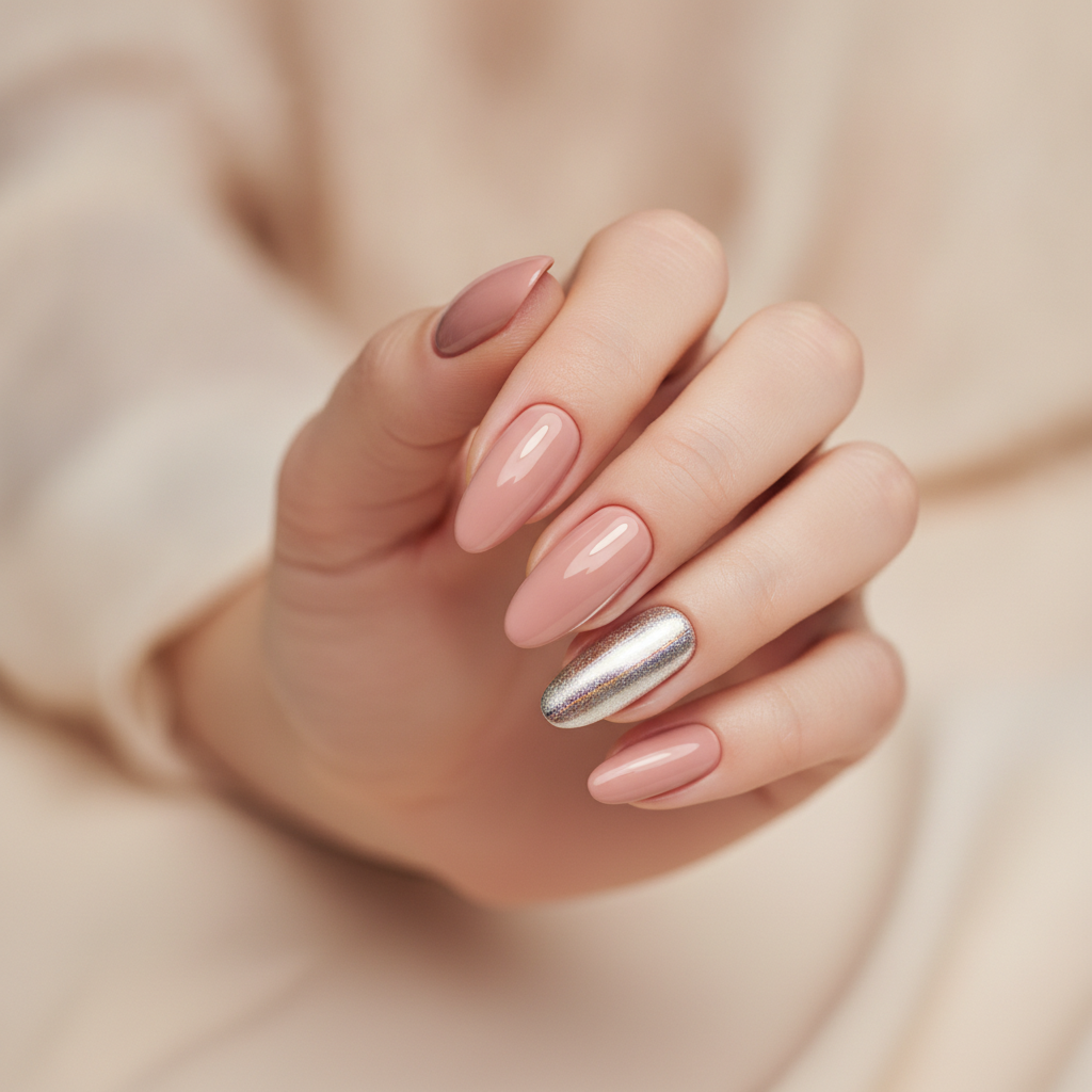 Nude field with chrome cat-eye accents