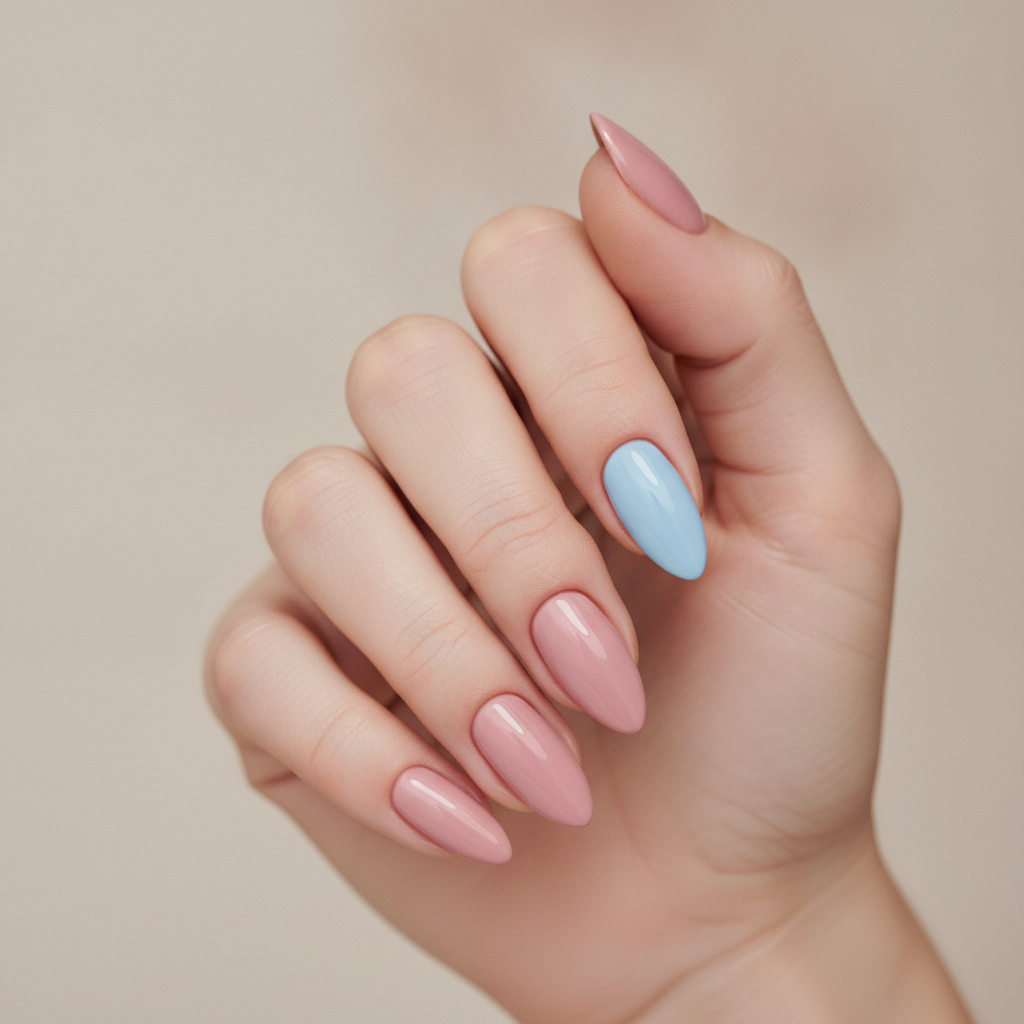Blush pink with baby blue accents