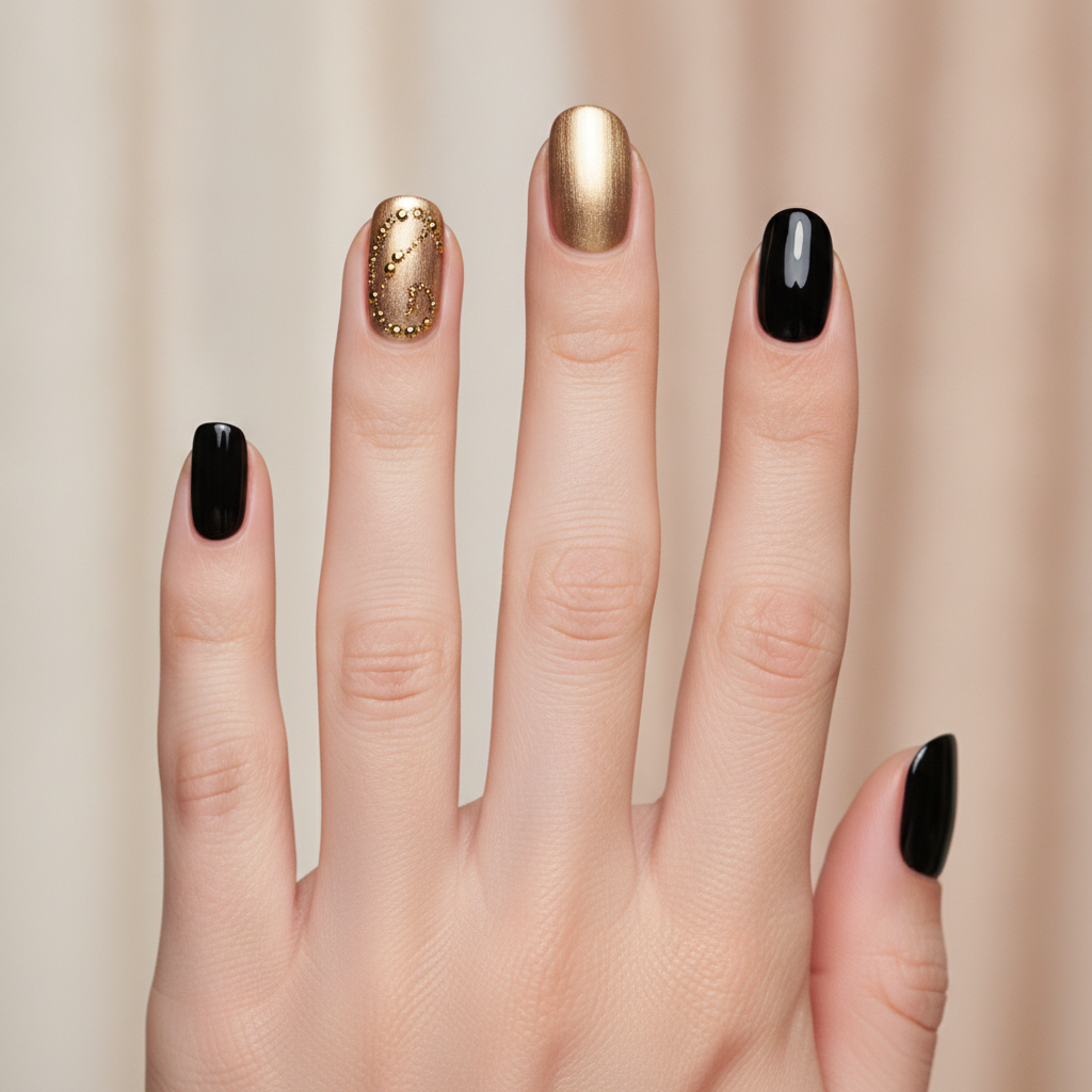 Black with gold accent nails