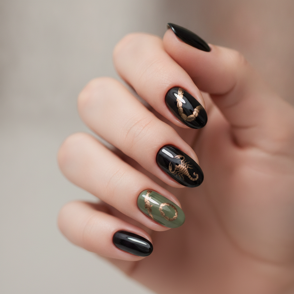 Black with muted olive accents
